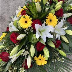 Red rose, yellow Gerbera &amp; white lily casket 