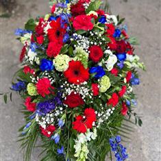 Red, blue &amp; white casket tribute 