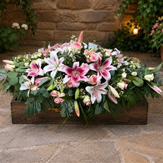 Pink lily &amp; pink rose casket tribute 